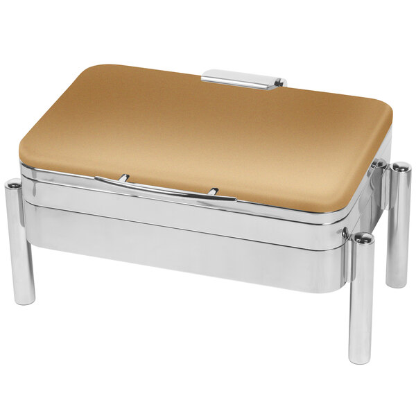 An Eastern Tabletop rectangular bronze coated stainless steel chafing dish with a hinged lid on a metal stand.