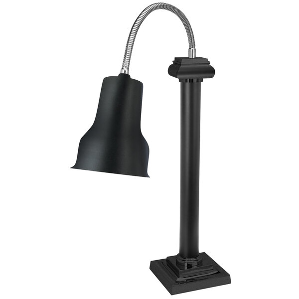 An Eastern Tabletop black stainless steel freestanding heat lamp with a black shade.