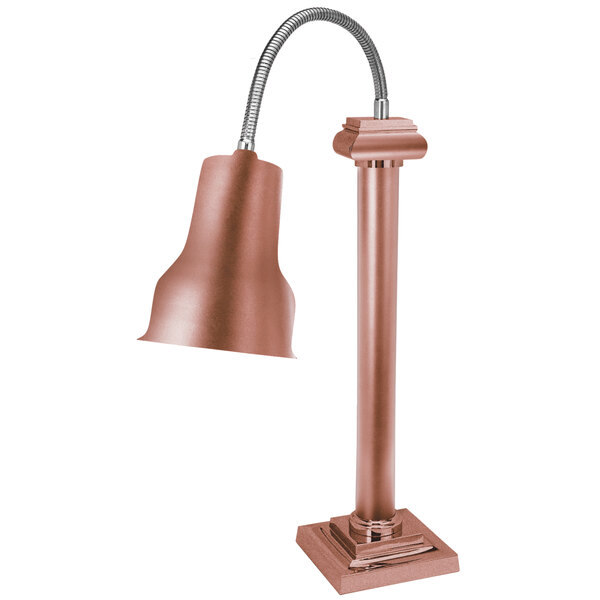 An Eastern Tabletop copper coated stainless steel freestanding heat lamp with a flexible neck.