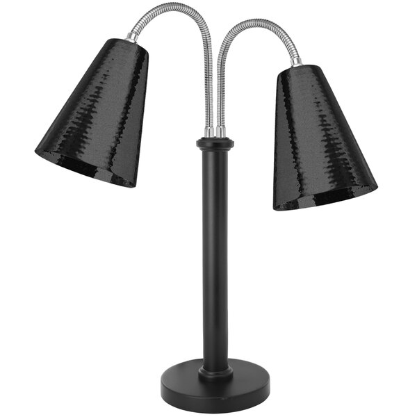 An Eastern Tabletop black freestanding heat lamp with two adjustable lamps with hammered cone shades.