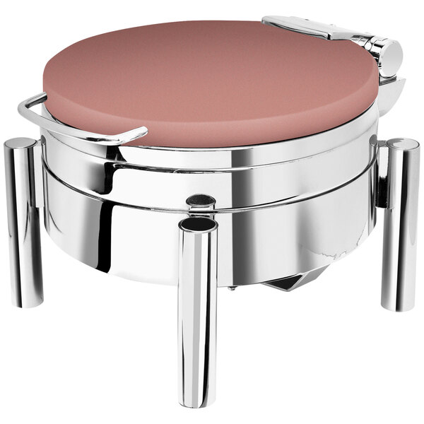 A copper coated stainless steel round chafer with a hinged dome cover on a pillar'd stand.