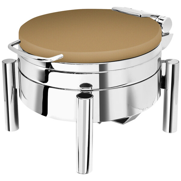 A bronze coated stainless steel round chafer with a hinged dome lid on a metal stand.