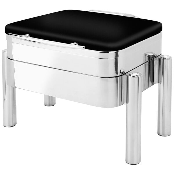 A black coated stainless steel square chafer with silver accents.