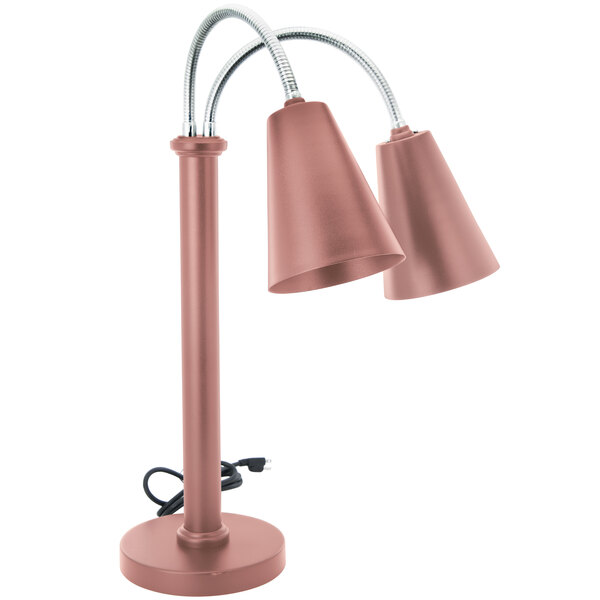 A copper coated stainless steel Eastern Tabletop freestanding heat lamp with two adjustable necks.