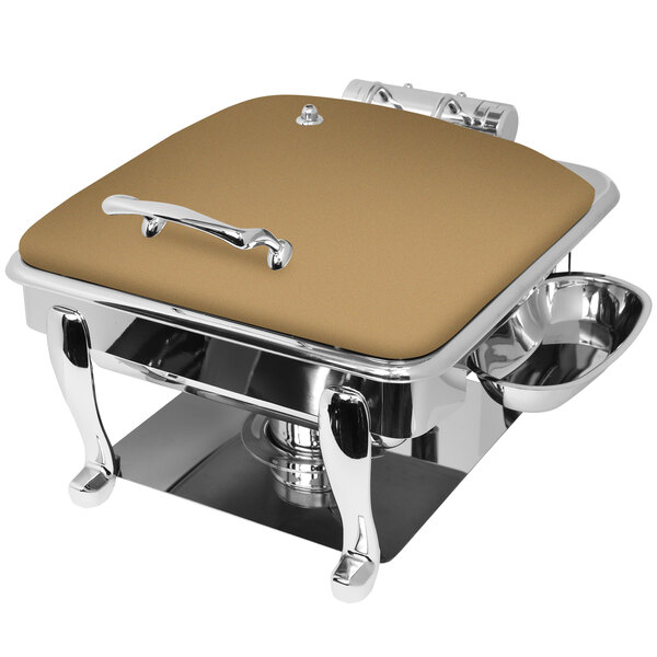 An Eastern Tabletop stainless steel induction chafer with a bronze cover on a rectangular metal dish.