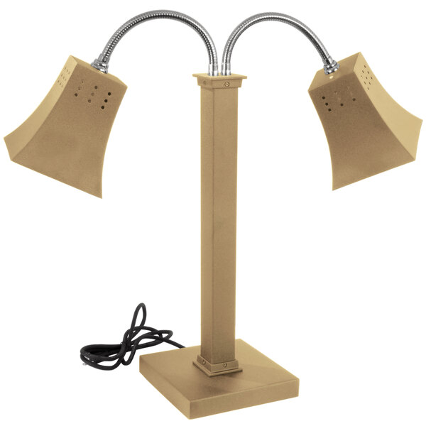 An Eastern Tabletop bronze coated stainless steel freestanding heat lamp with two adjustable arms and square shades.