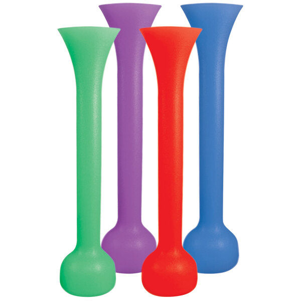 A group of four 24 oz. plastic drinking yarders in assorted colors.