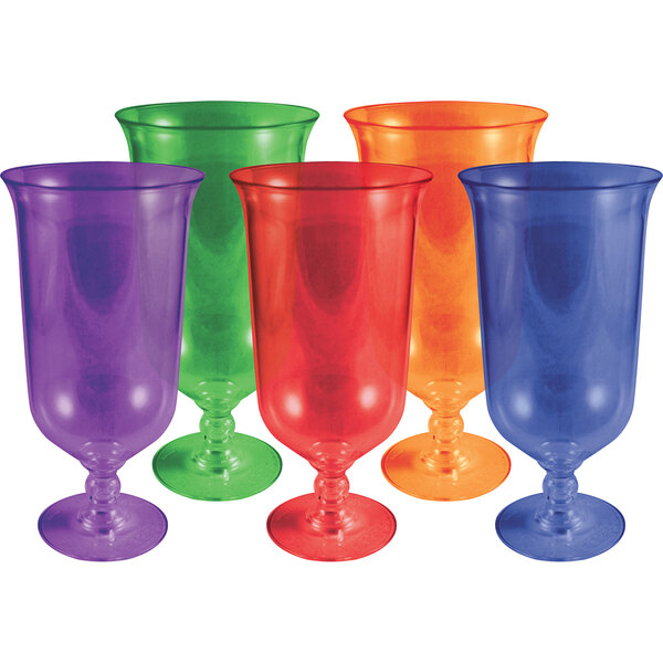 Assorted jewel color plastic hurricane cups.