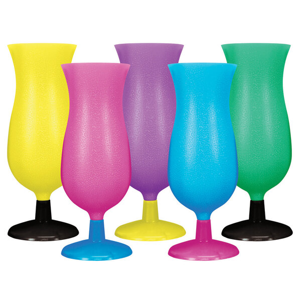 Assorted color plastic hurricane cups with black bases.
