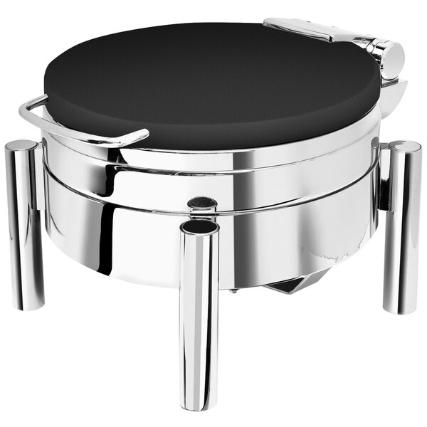 An Eastern Tabletop black coated stainless steel round chafer on a table with a pillar'd stand.
