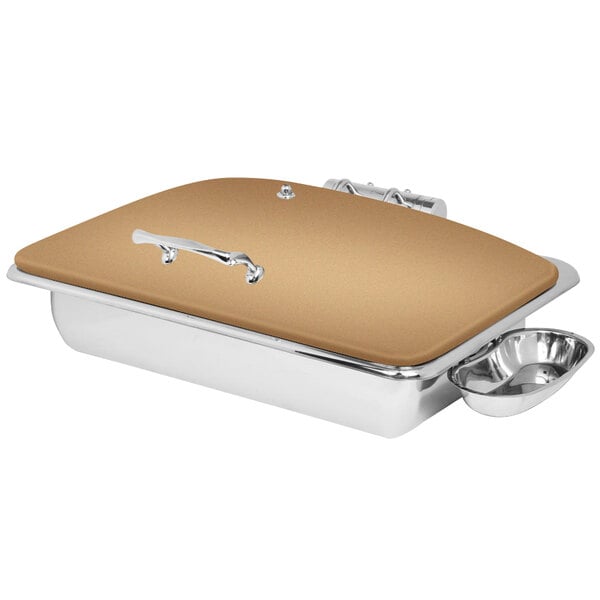 An Eastern Tabletop rectangular bronze coated stainless steel induction chafer with a hinged dome cover.
