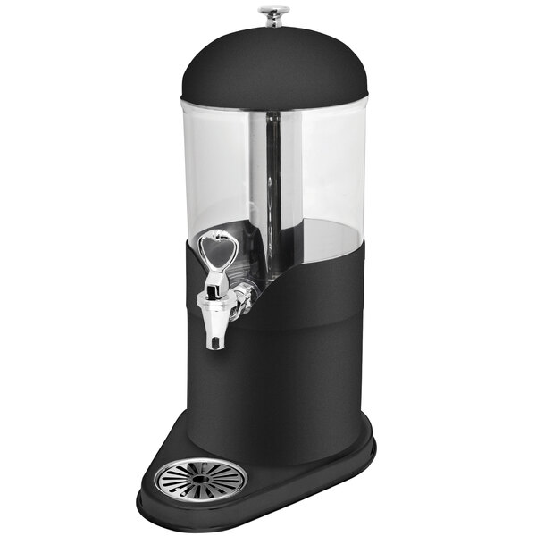 A black stainless steel juice dispenser with acrylic container and ice core.