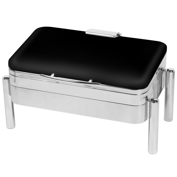 A black and silver rectangular chafer with a hinged dome cover on a pillar'd stand.
