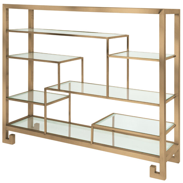 A bronze coated stainless steel multi-level display stand with clear glass shelves.