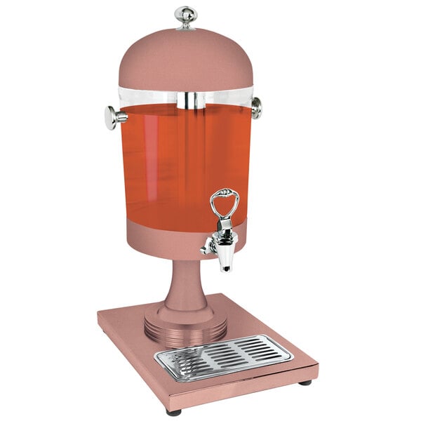 A copper Eastern Tabletop beverage dispenser with a clear plastic container and ice core on a metal stand.