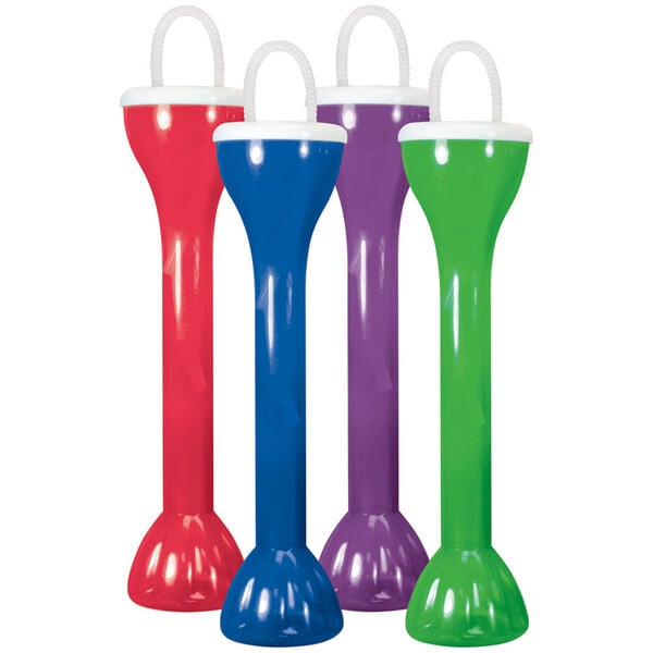 A group of three transparent plastic drinking straws with jewel-colored lids.