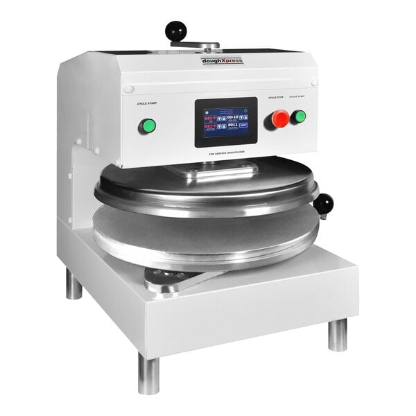 A white DoughXpress automatic pizza dough press with a screen and buttons.