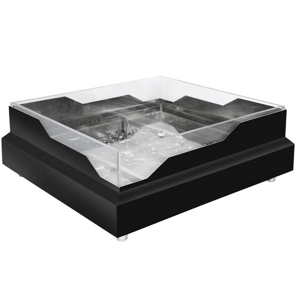 A black stainless steel raw bar with a wave design on a table in a salad bar.