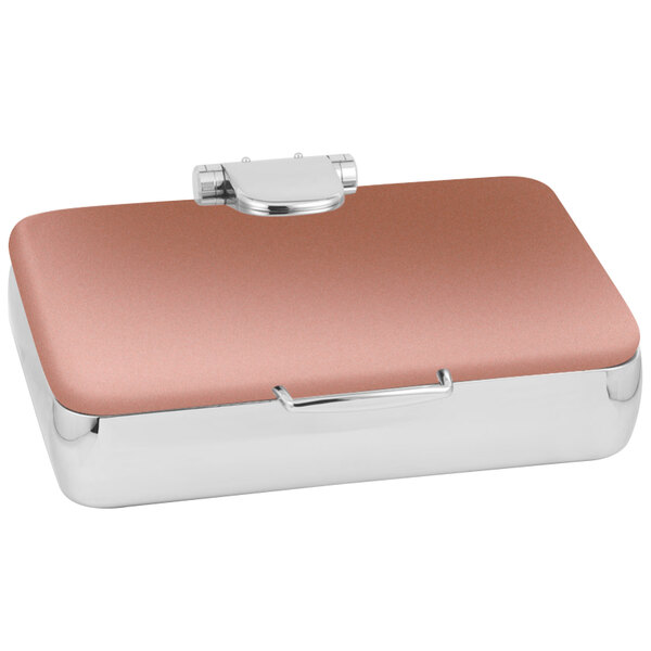 A close-up of an Eastern Tabletop rectangular copper coated stainless steel chafer with a hinged dome lid.