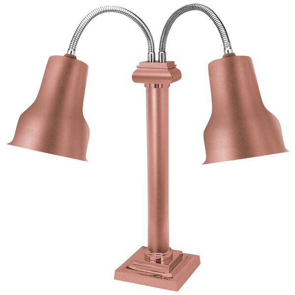An Eastern Tabletop copper freestanding heat lamp with two shades and adjustable necks.