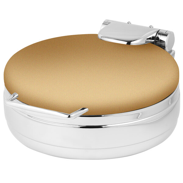 A round bronze coated stainless steel metal container with a hinged dome lid.