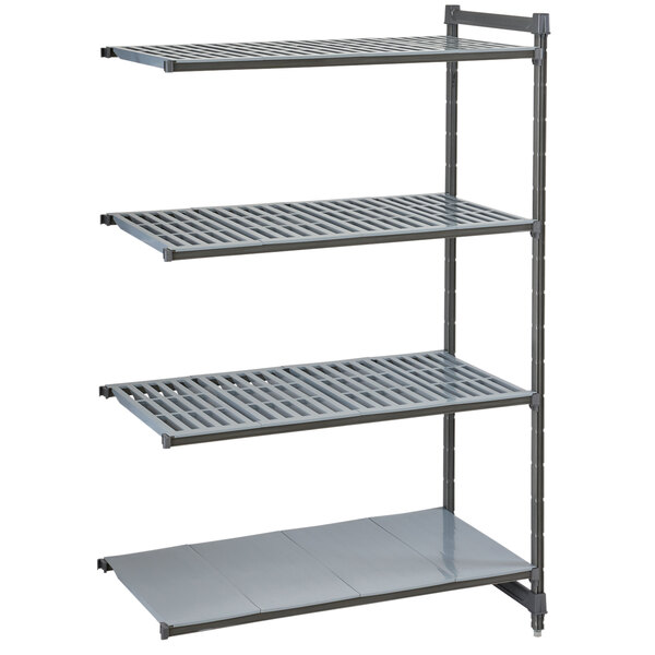A grey metal Cambro Camshelving unit with shelves.