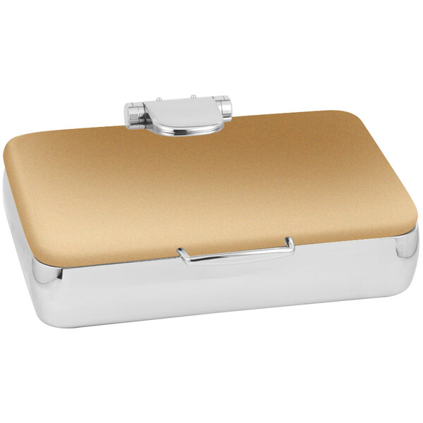 An Eastern Tabletop rectangular bronze coated stainless steel chafer with a hinged dome lid.