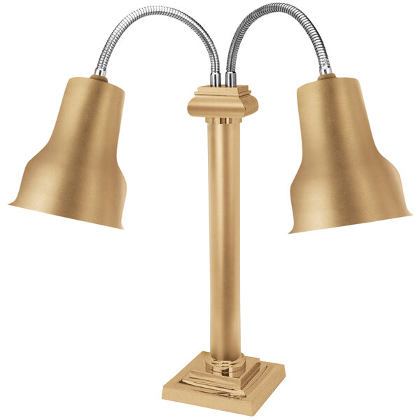 An Eastern Tabletop bronze coated stainless steel freestanding heat lamp with two adjustable brass arms.