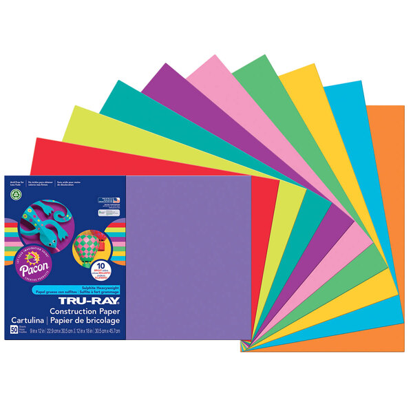 A fan of Pacon Tru-Ray construction paper in assorted bright colors.