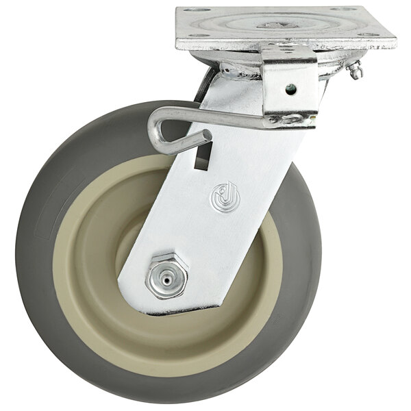 A metal plate with grey plastic and metal wheels for a Metro C6DSLA donut caster.