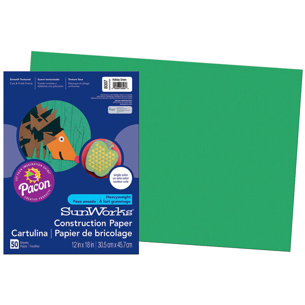 A pack of SunWorks Holiday Green construction paper with 50 sheets of green paper.