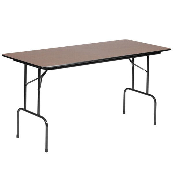 A Correll rectangular folding table with a walnut finish and a black frame.