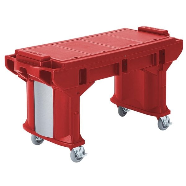 A red plastic Cambro Versa work table with wheels.