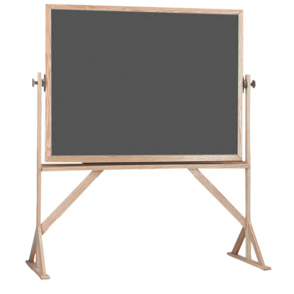 A blackboard on a wooden stand.