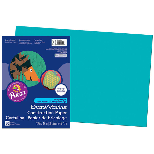 A blue construction paper package with a turquoise label.