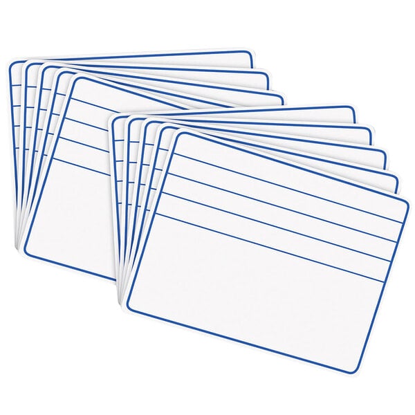 A stack of Creativity Street student dry erase boards with blue and white lines.