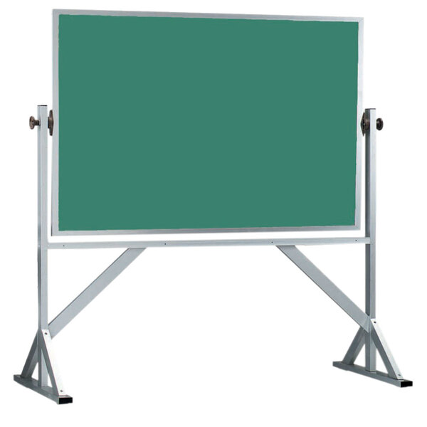 An Aarco green rectangular chalkboard on a stand with a silver border.