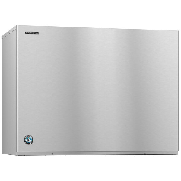 A stainless steel Hoshizaki water cooled ice machine with a door open.
