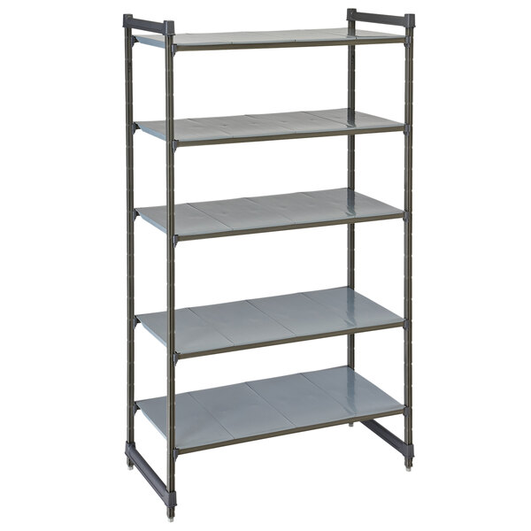 A grey shelving unit with five shelves.