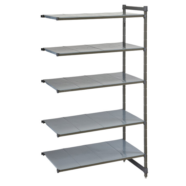 A grey Cambro Camshelving Basics Plus add on unit with 5 metal shelves.