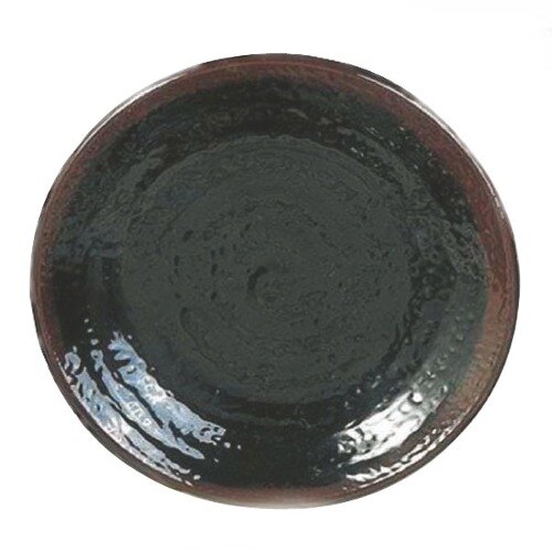 A black melamine plate with a brown spiral pattern and black rim.
