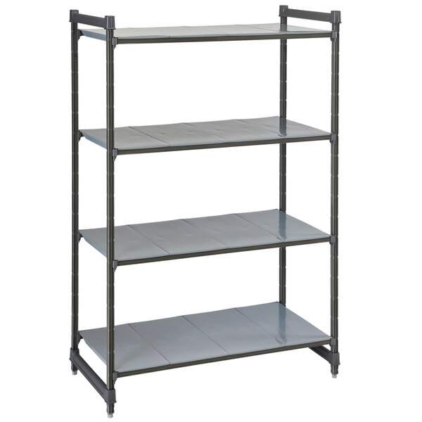 A grey metal Cambro Camshelving Basics Plus stationary shelving unit with four shelves.