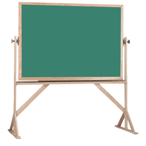 A green chalkboard with a wooden frame on a stand.