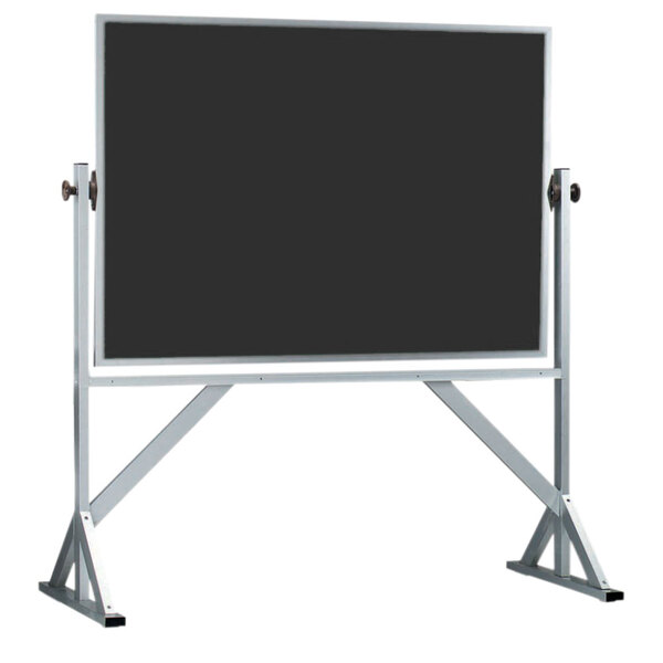 A black board on a metal stand with a white metal frame.