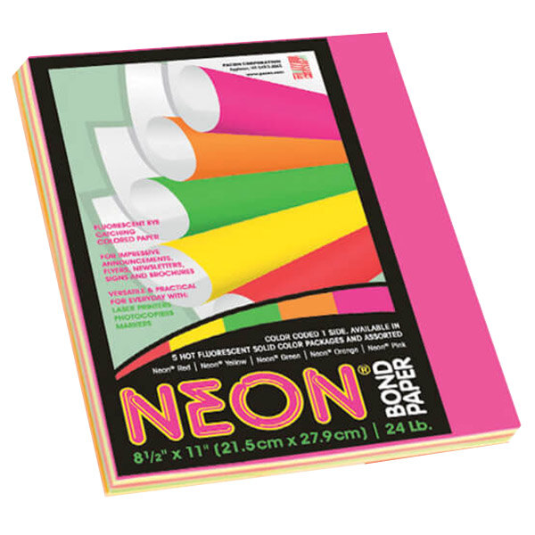 A package of Pacon multi-purpose paper in neon pink, yellow, and green with a black label.