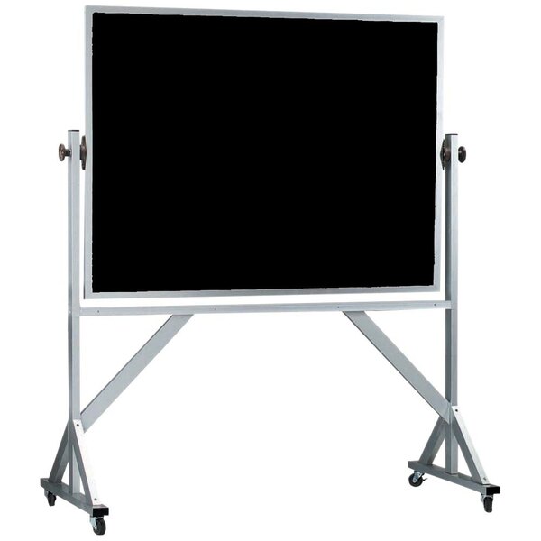 A black chalkboard on a white stand.
