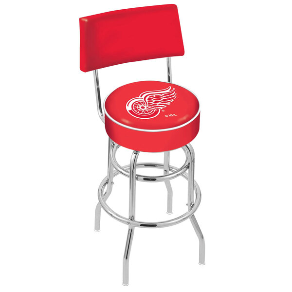 A red bar stool with a Detroit Red Wings logo on the seat and back.