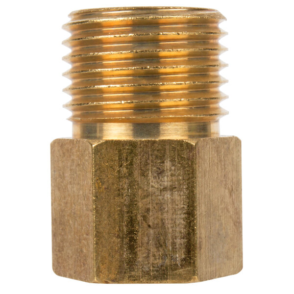 A close-up of a brass threaded male fitting with a gold tube.