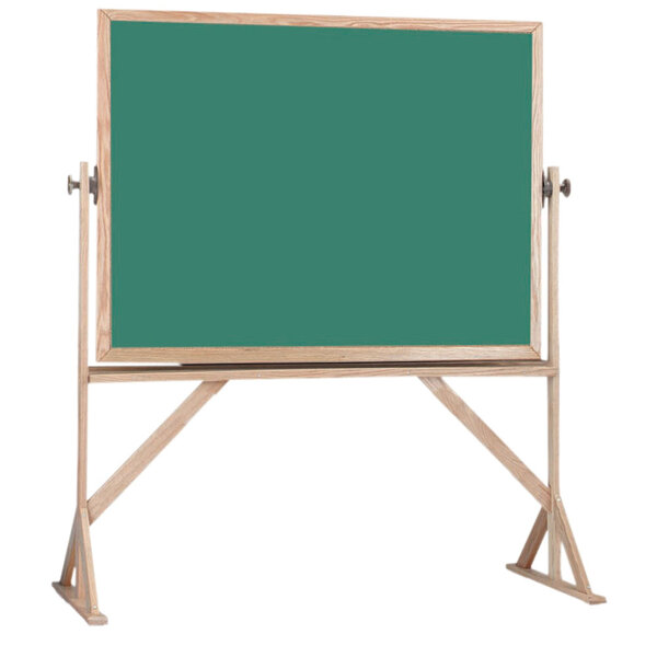 A green Aarco chalkboard on a stand with a wooden frame.