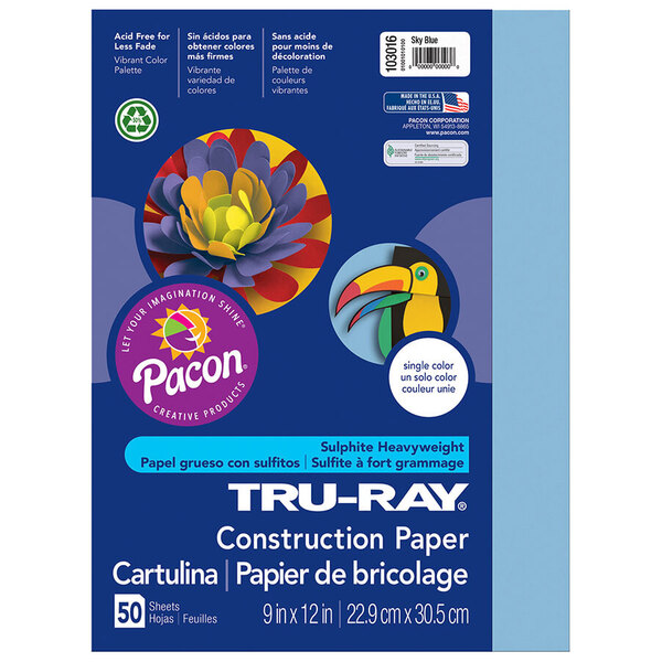 A sky blue package of 50 sheets of 9" x 12" Tru-Ray construction paper.